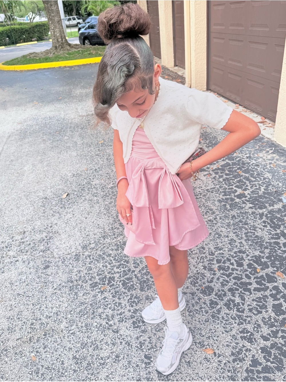 SHEIN Pink Ruffle Bow Skirt Dress with White Bolero